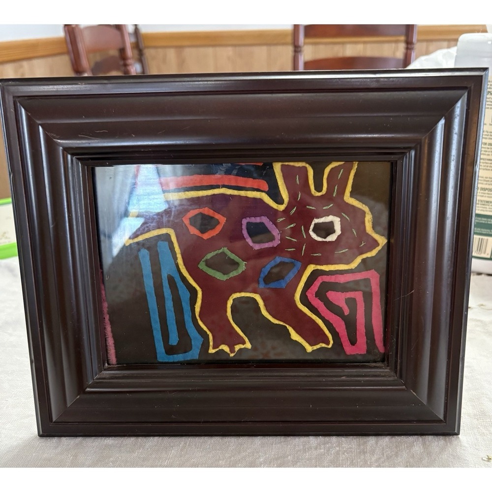 Vintage Mola Panama Guna Cat Native Folk Art Framed 10" x 8" Vibrant Abstract